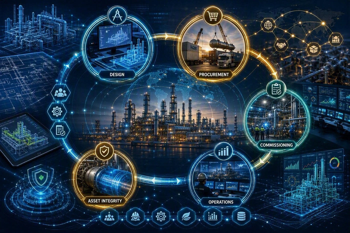 Plant lifecycle: design, procurement, commissioning, operations, asset integrity