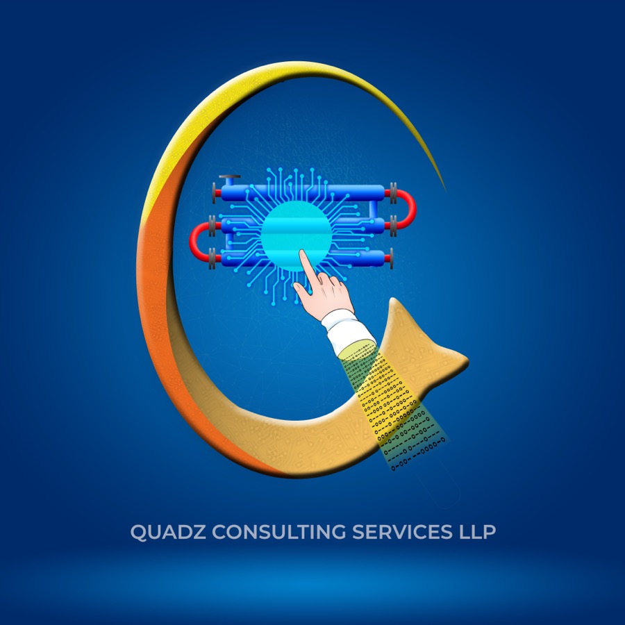 Quad Consulting Services logo: a golden arrow circling a digital circuit and process piping